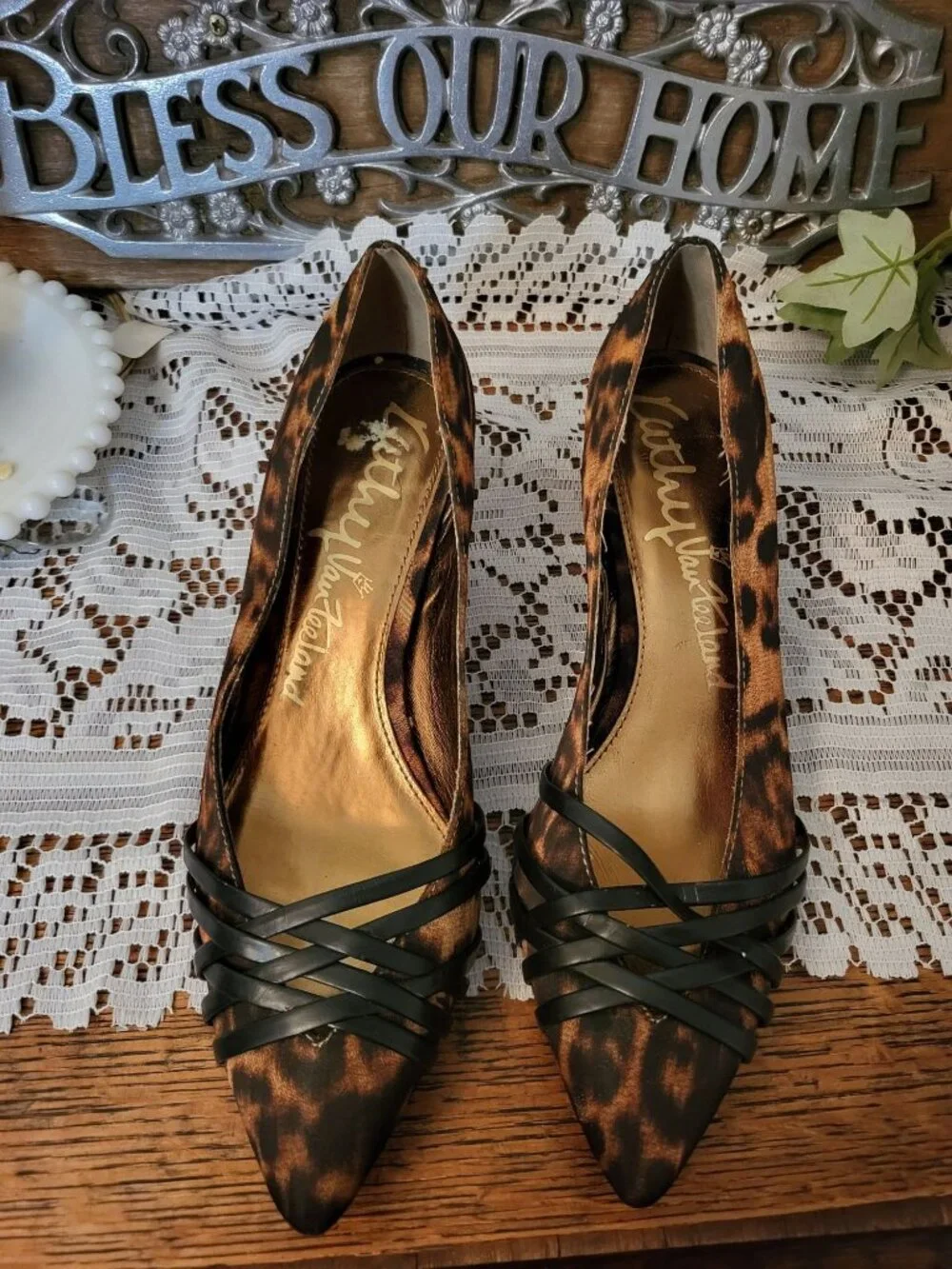 Kathy Van Zealand Leopard Bronze Metallic Pump Pointed Toe Heel 7.5 80s Party